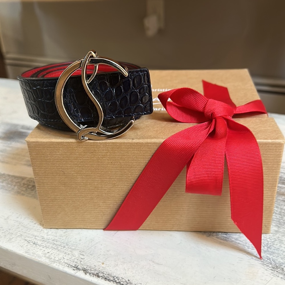 Christian Louboutin ladies belt, navy blue and silver buckle